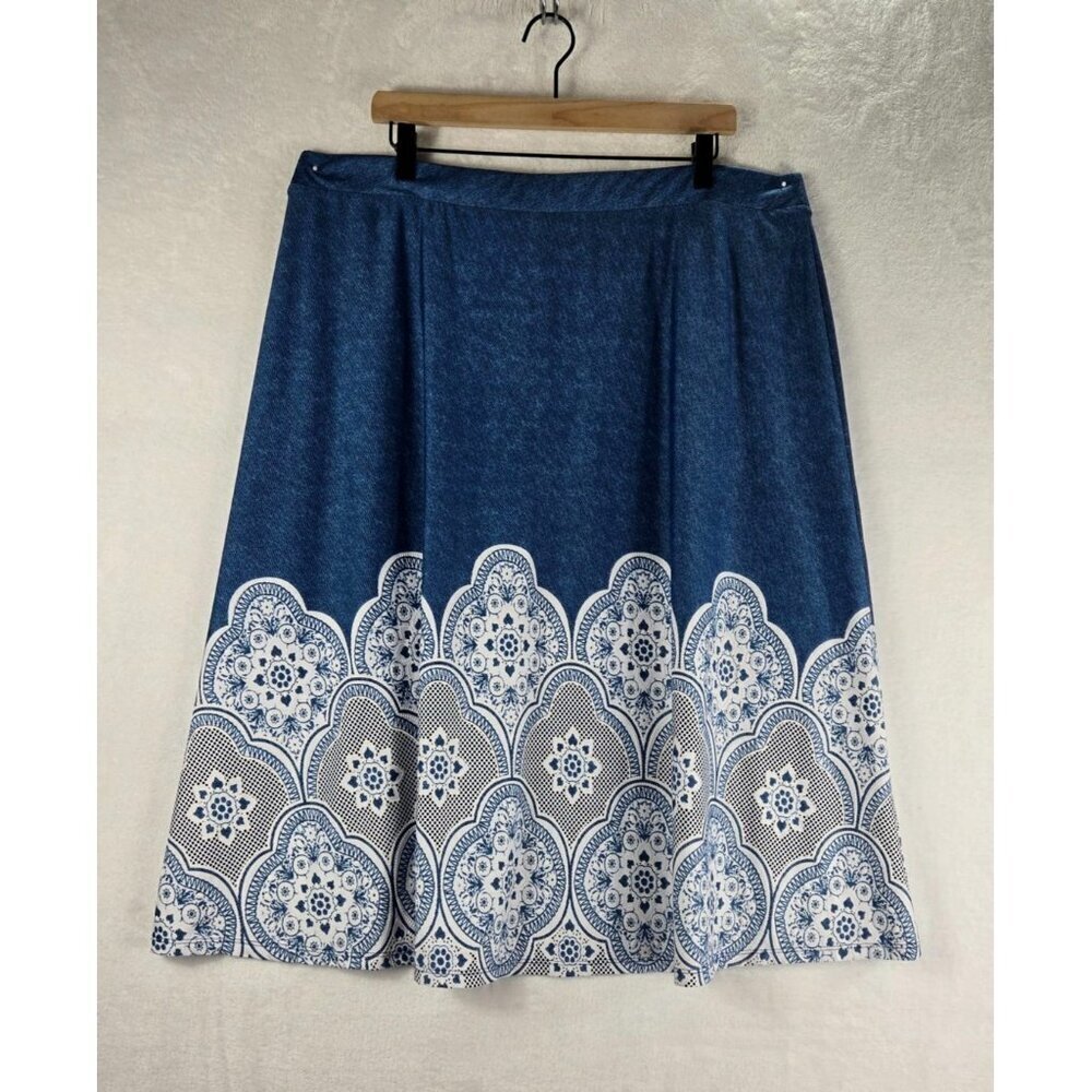 Blue Knit Denim A-Line Skrit Midi Faux Lace Sz 18/20W Est 1946 Comfort Cottage